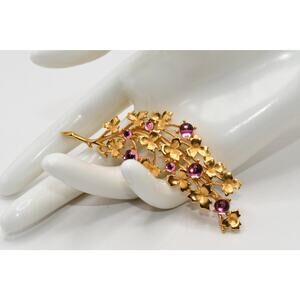 Vintage Trifari TM Gold Tone Pink Cabochon Floral Spray Brooch